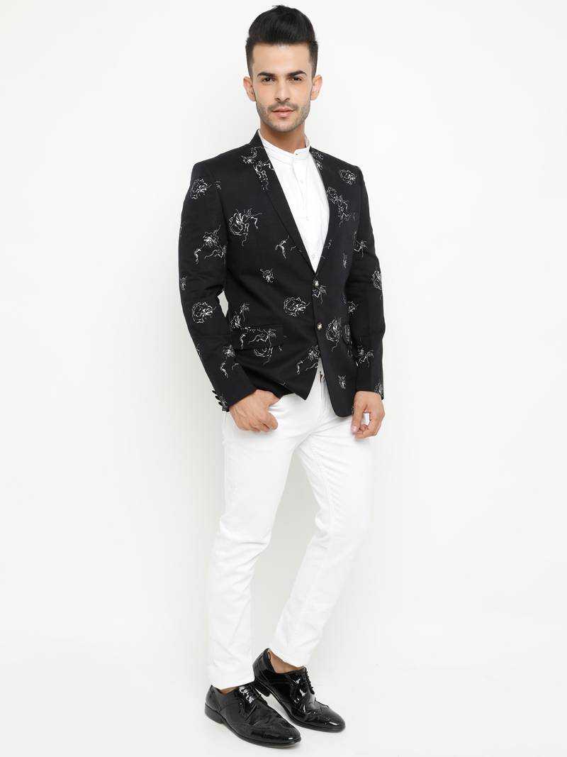 Black Printed Single Breasted Casual Men Blazer