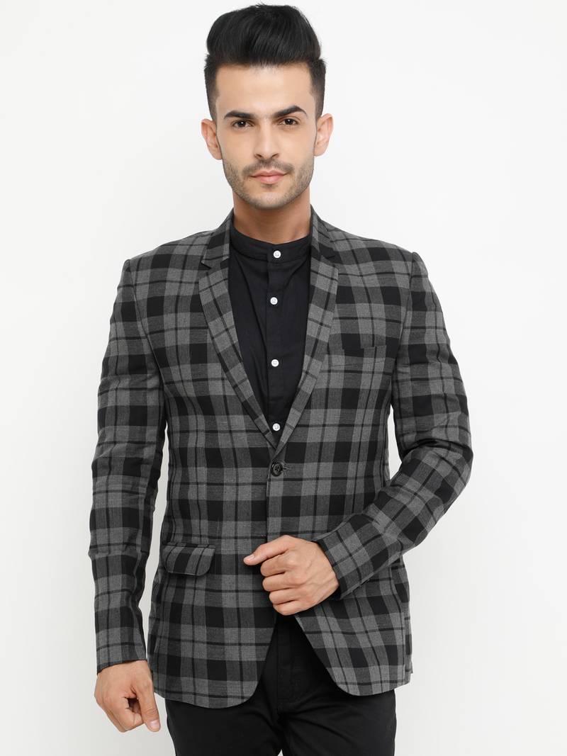 Grey Checked Single Breasted Casual Men Blazer