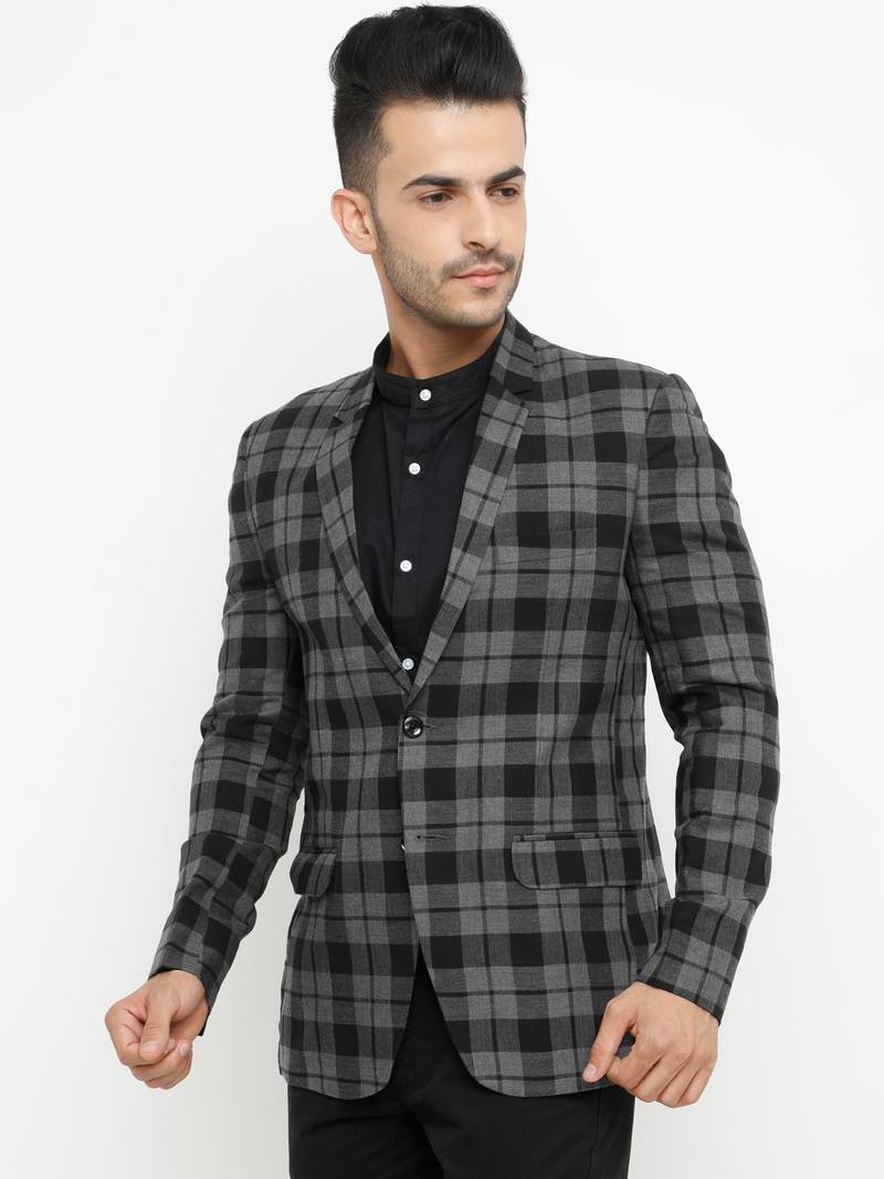 Grey Checked Single Breasted Casual Men Blazer