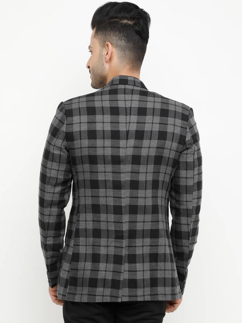 Grey Checked Single Breasted Casual Men Blazer