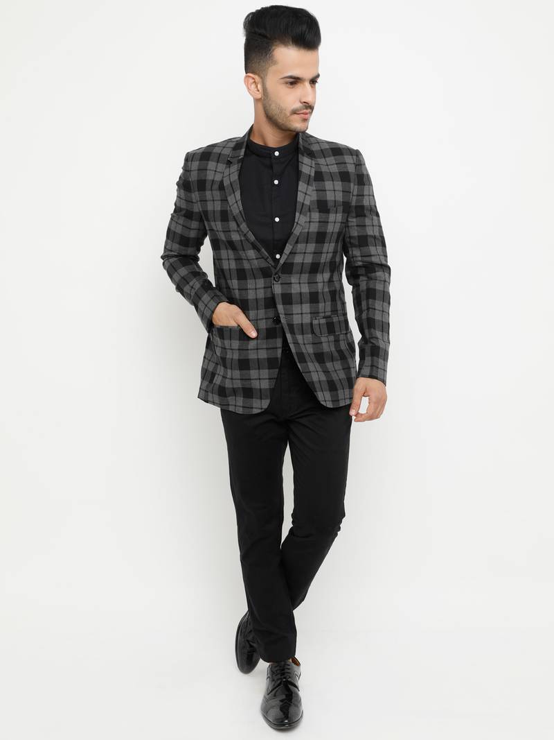 Grey Checked Single Breasted Casual Men Blazer