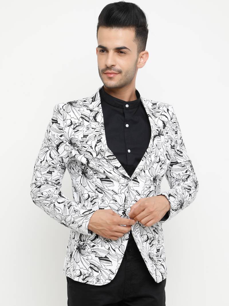 White Printed Single Breasted Casual Men Blazer