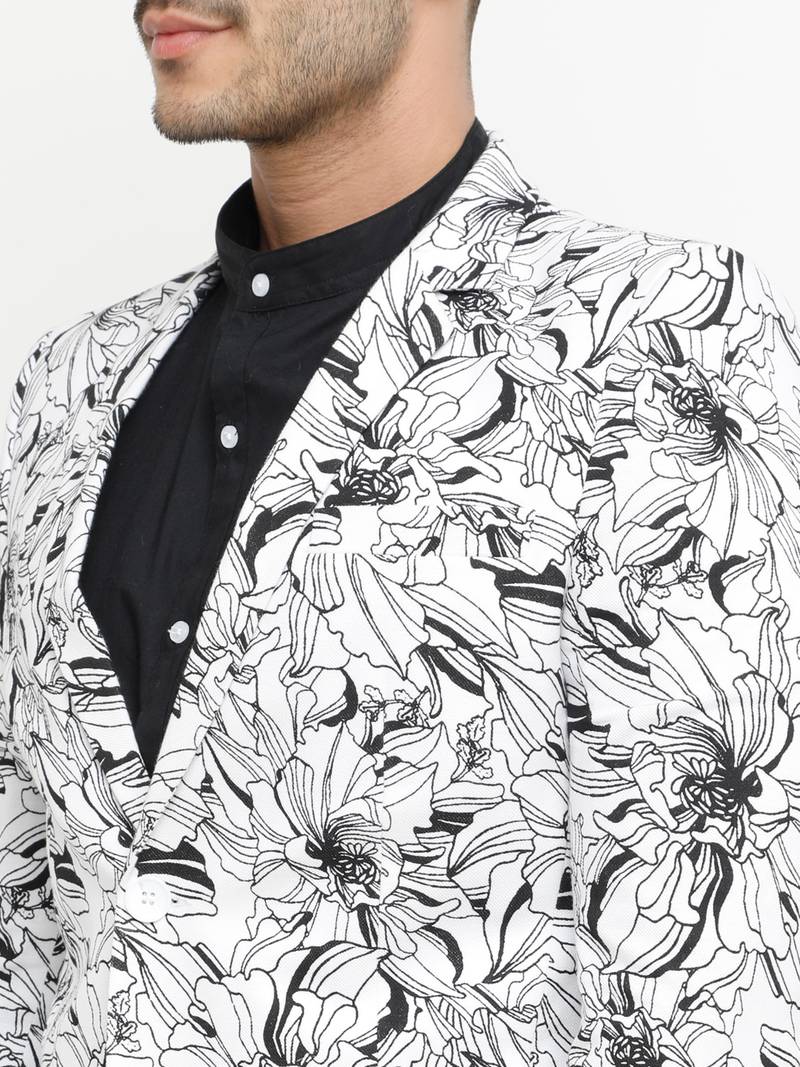 White Printed Single Breasted Casual Men Blazer