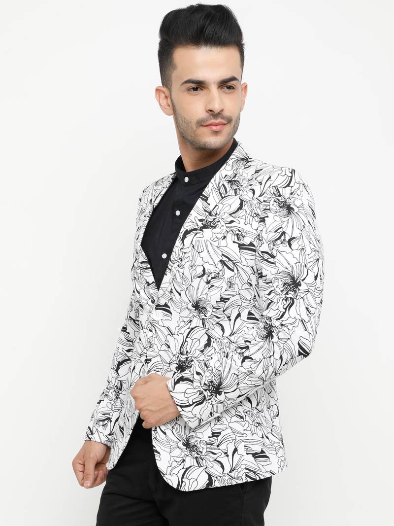 White Printed Single Breasted Casual Men Blazer
