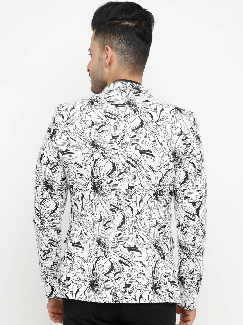 White Printed Single Breasted Casual Men Blazer