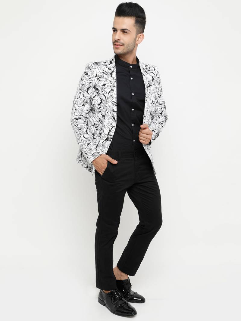 White Printed Single Breasted Casual Men Blazer