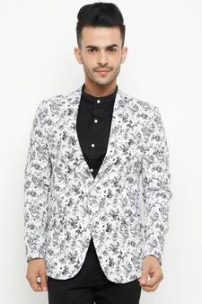 White Printed Single Breasted Casual Men Blazer