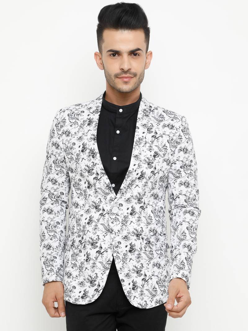 White Printed Single Breasted Casual Men Blazer