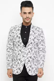 White Printed Single Breasted Casual Men Blazer