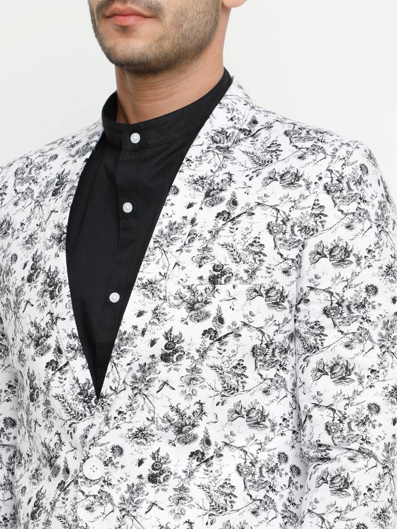 White Printed Single Breasted Casual Men Blazer