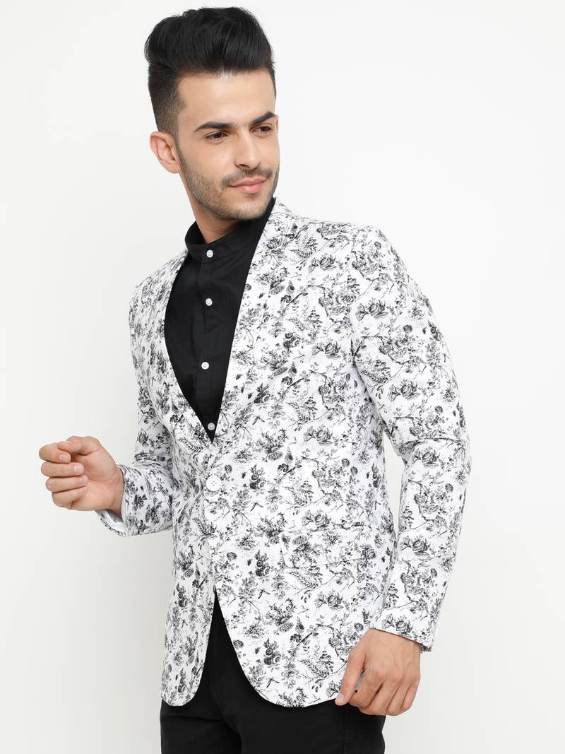 White Printed Single Breasted Casual Men Blazer