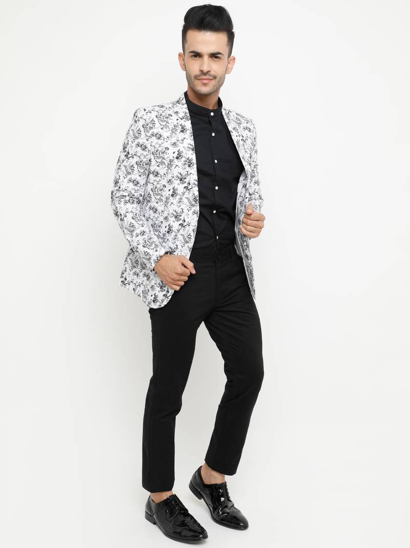 White Printed Single Breasted Casual Men Blazer