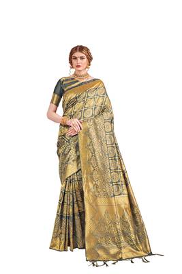 Grey woven faux banarasi silk saree with blouse 1