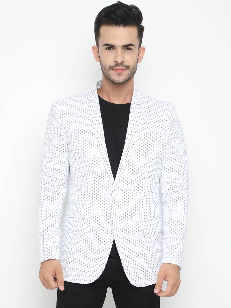White Printed Single Breasted Casual Men Blazer