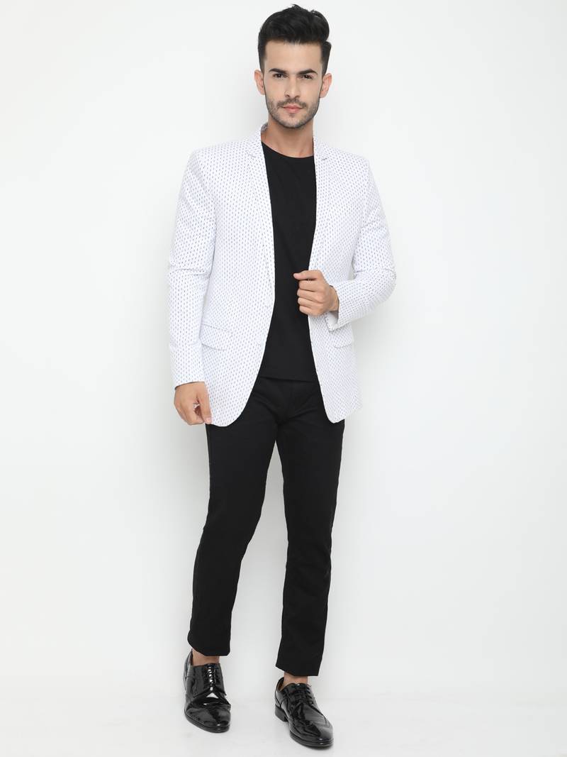 White Printed Single Breasted Casual Men Blazer
