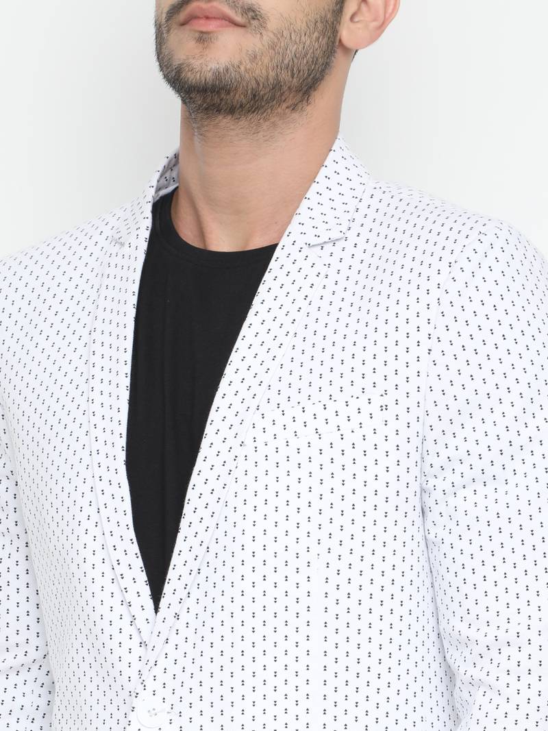 White Printed Single Breasted Casual Men Blazer