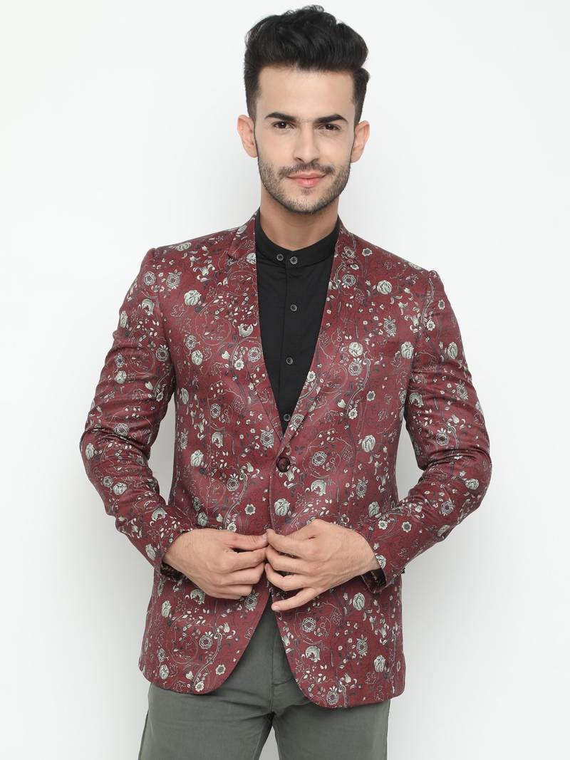 Maroon Printed Single Breasted Casual Men Blazer