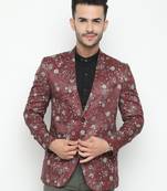 Maroon Printed Single Breasted Casual Men Blazer