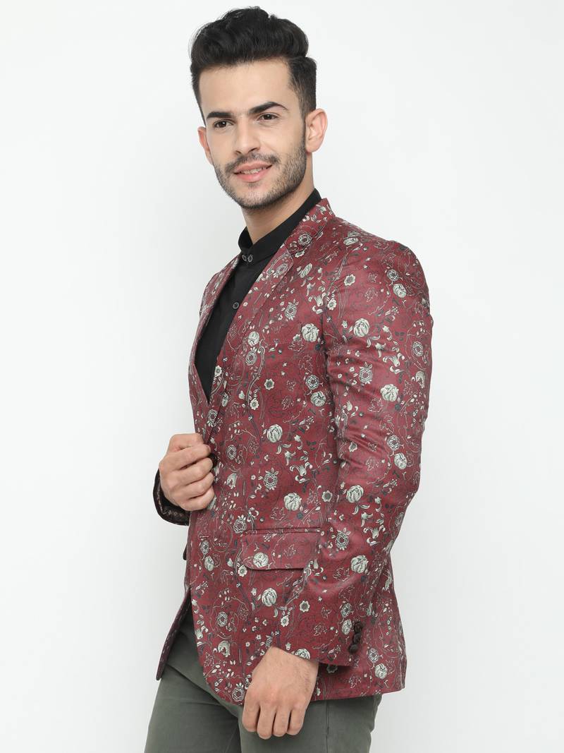 Maroon Printed Single Breasted Casual Men Blazer