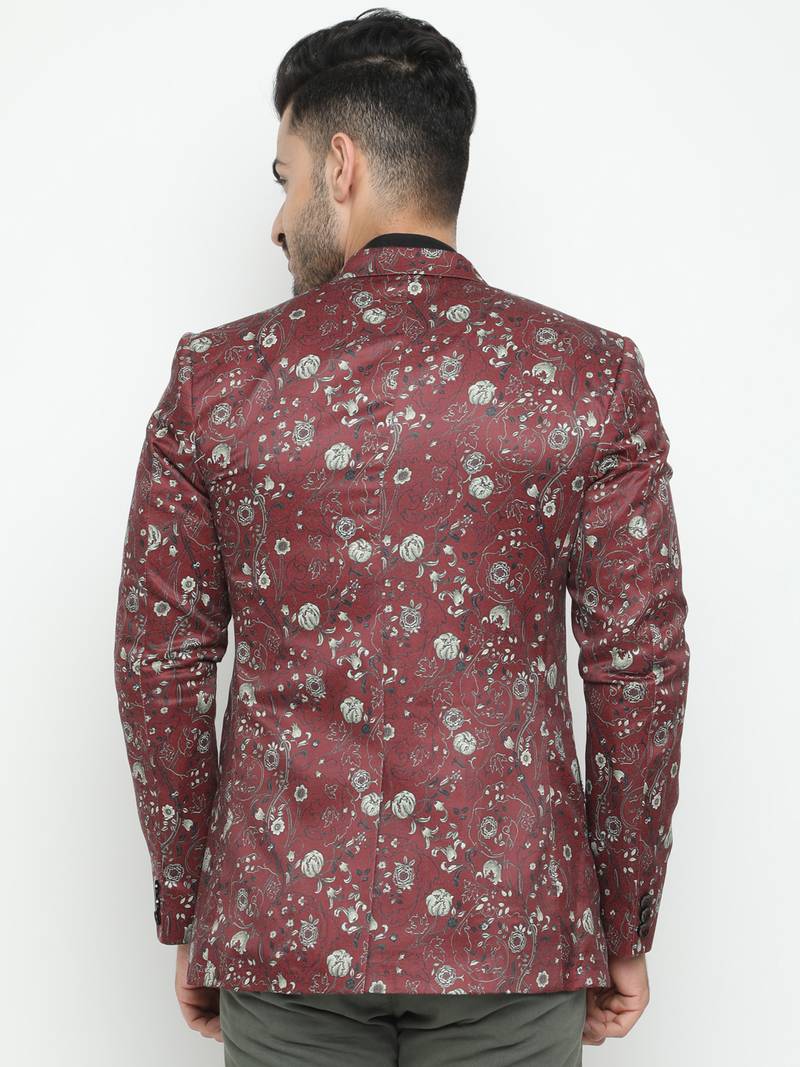 Maroon Printed Single Breasted Casual Men Blazer
