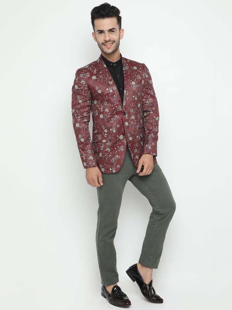Maroon Printed Single Breasted Casual Men Blazer