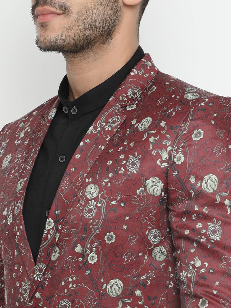 Maroon Printed Single Breasted Casual Men Blazer