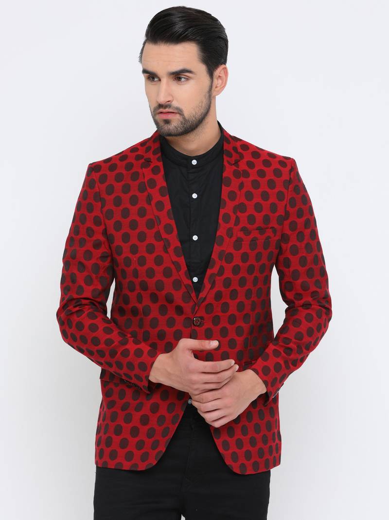 Maroon Printed Single Breasted Casual Men Blazer