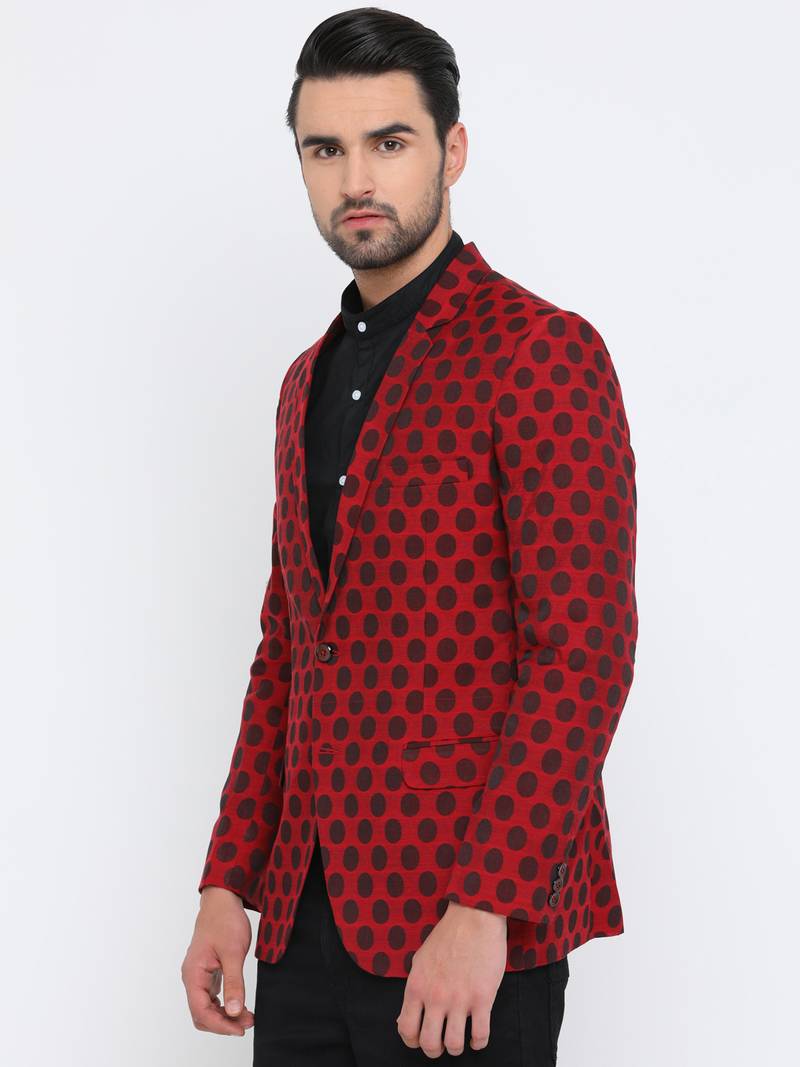 Maroon Printed Single Breasted Casual Men Blazer