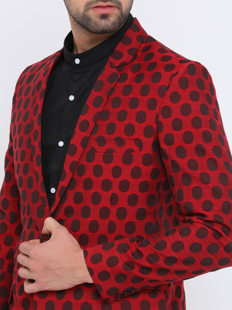 Maroon Printed Single Breasted Casual Men Blazer