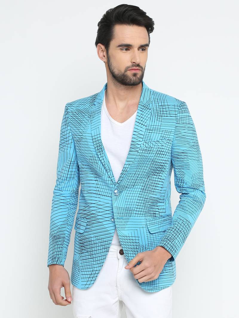 Blue Printed Single Breasted Casual Men Blazer