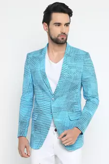 Blue Printed Single Breasted Casual Men Blazer