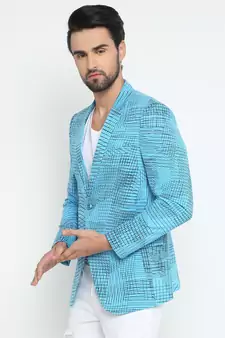 Blue Printed Single Breasted Casual Men Blazer