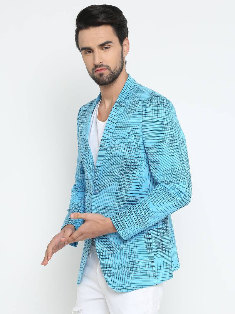 Blue Printed Single Breasted Casual Men Blazer
