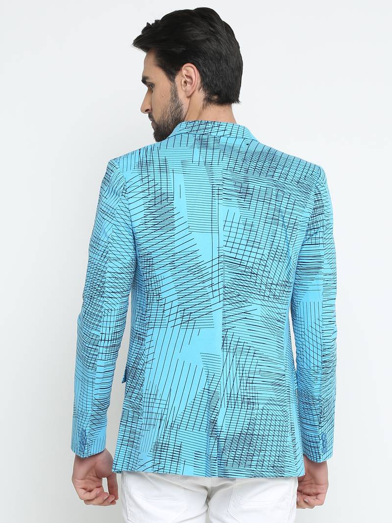 Blue Printed Single Breasted Casual Men Blazer