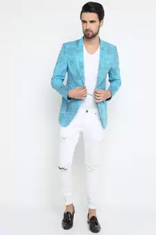 Blue Printed Single Breasted Casual Men Blazer