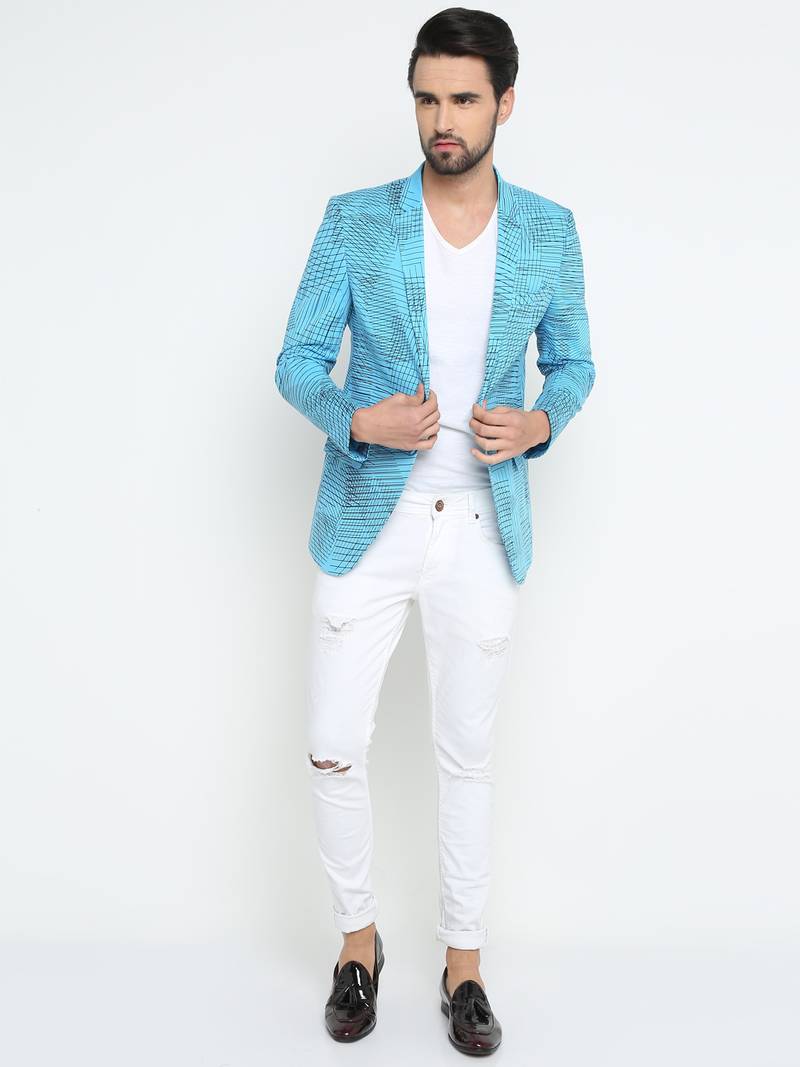 Blue Printed Single Breasted Casual Men Blazer