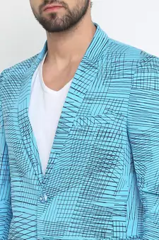 Blue Printed Single Breasted Casual Men Blazer
