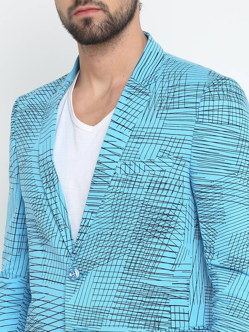 Blue Printed Single Breasted Casual Men Blazer