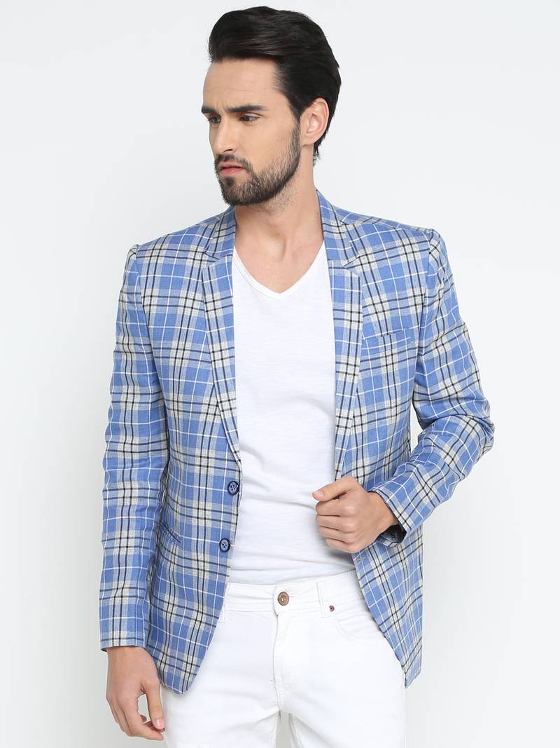 Blue Checked Single Breasted Casual Men Blazer