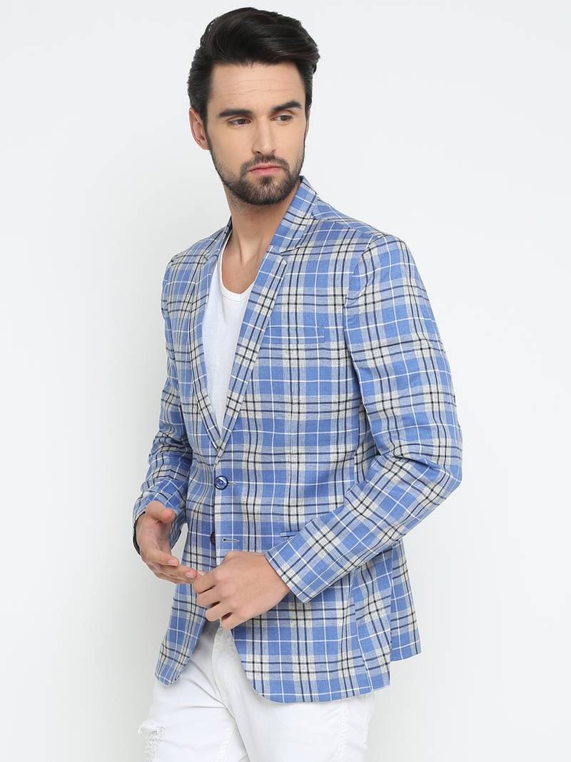 Blue Checked Single Breasted Casual Men Blazer