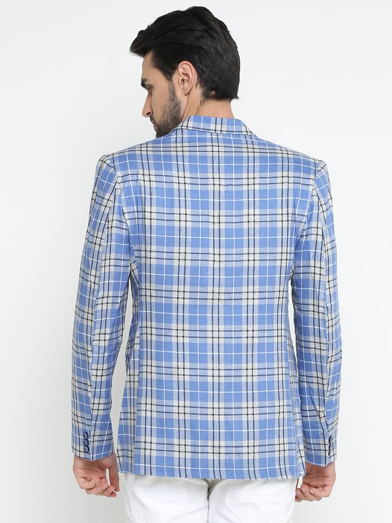 Blue Checked Single Breasted Casual Men Blazer