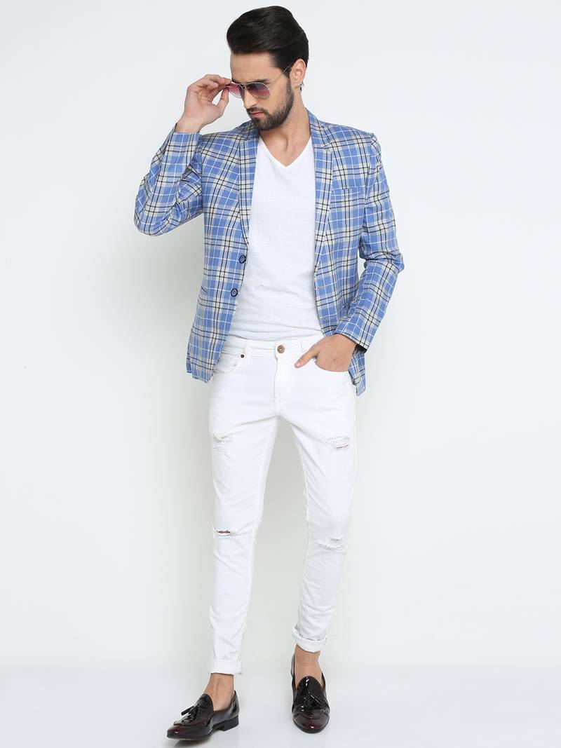 Blue Checked Single Breasted Casual Men Blazer