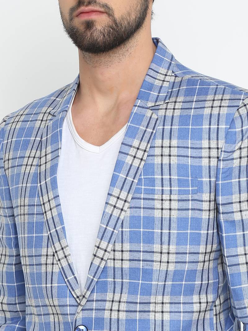 Blue Checked Single Breasted Casual Men Blazer