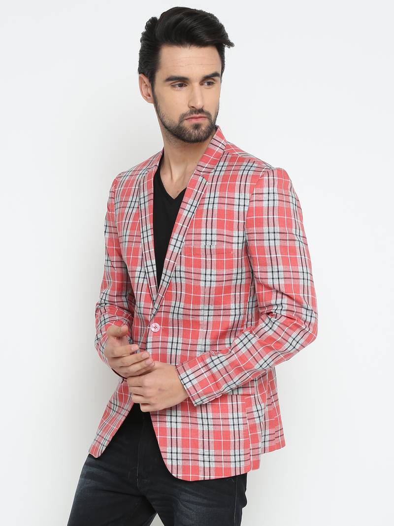 Pink Checked Single Breasted Casual Men Blazer