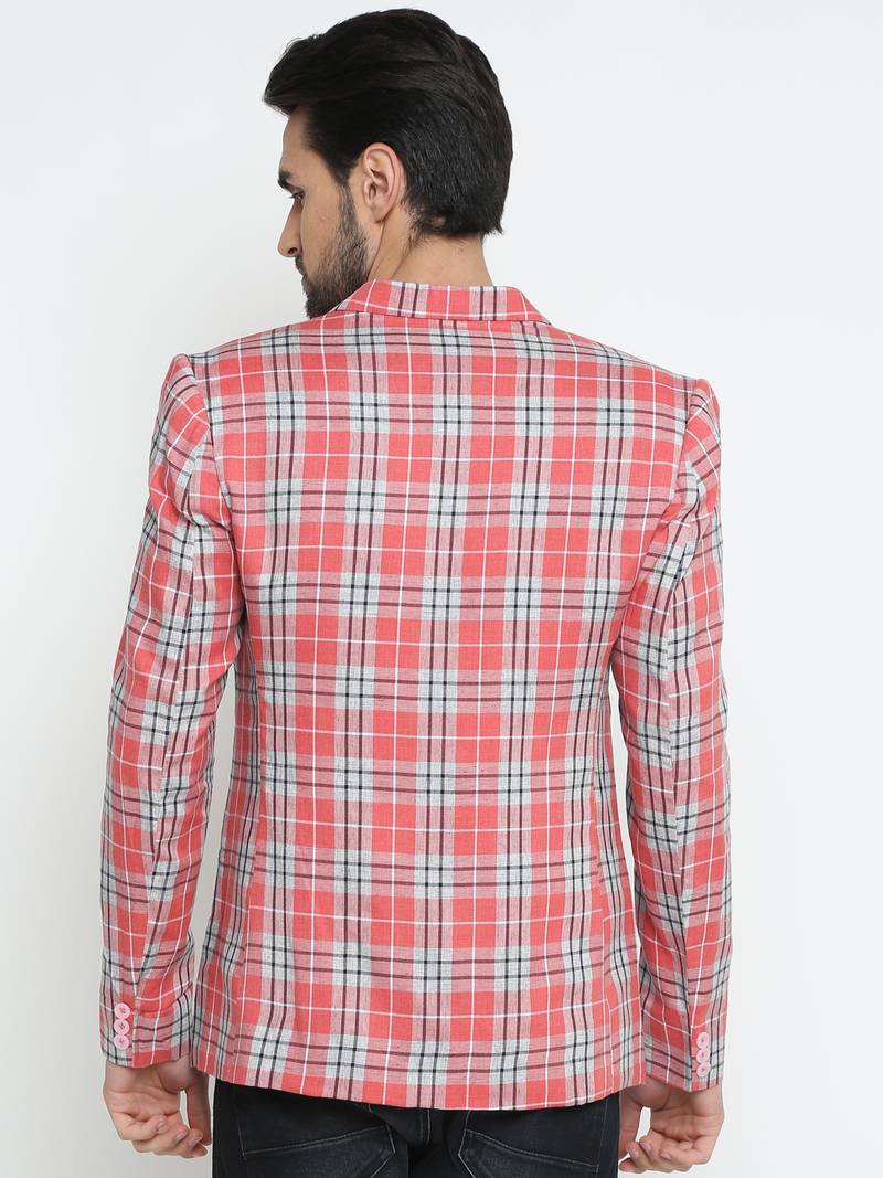 Pink Checked Single Breasted Casual Men Blazer