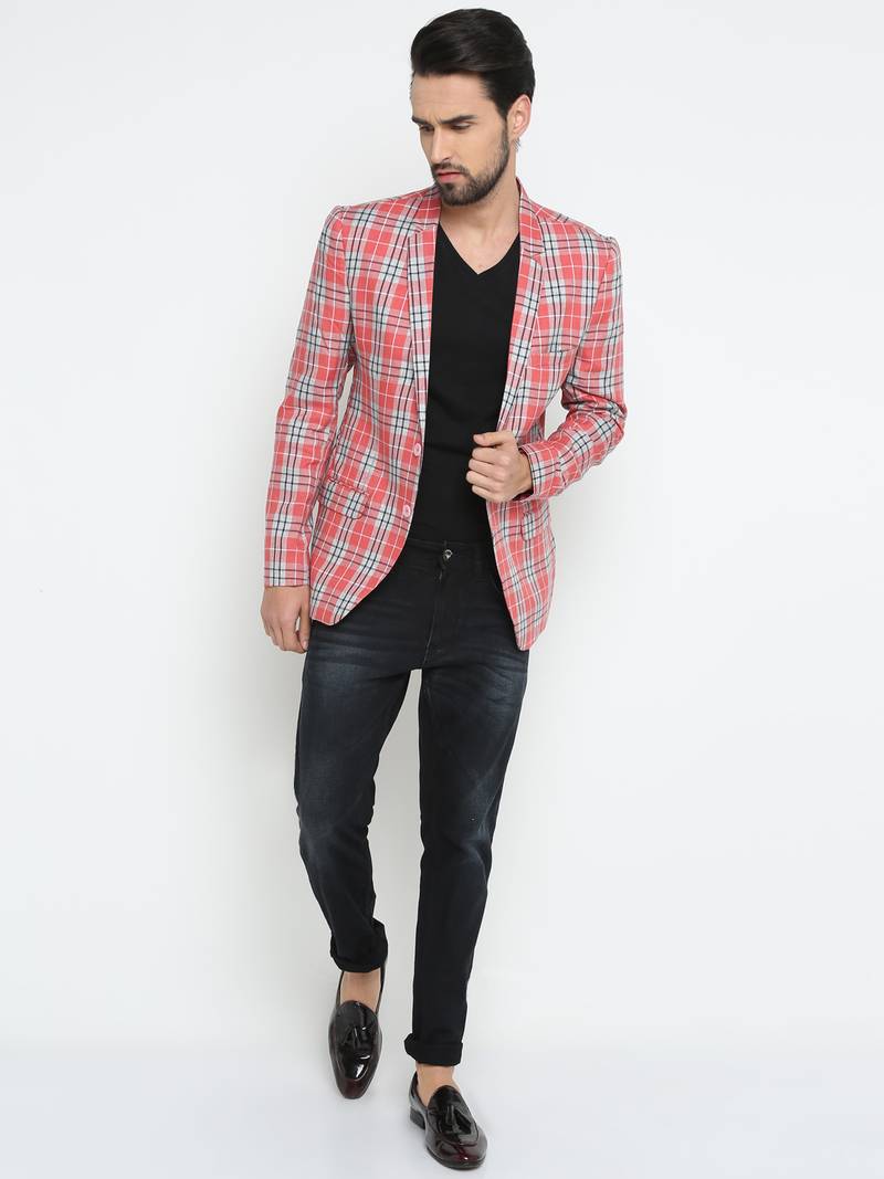 Pink Checked Single Breasted Casual Men Blazer