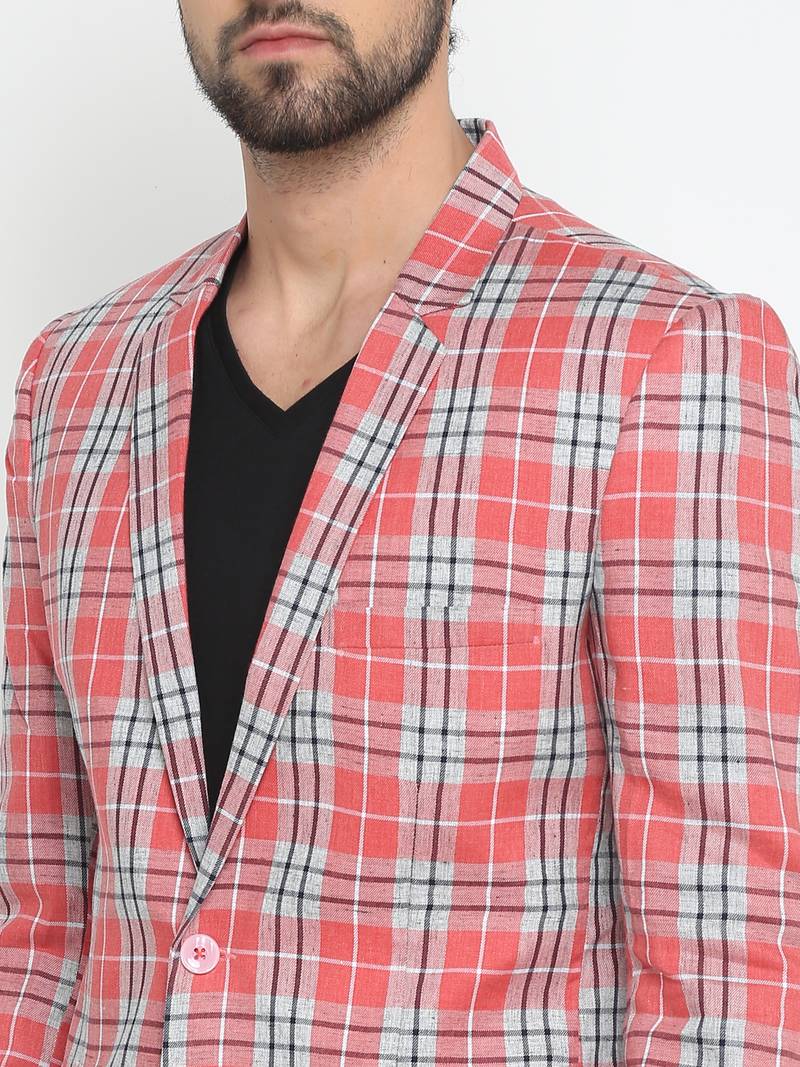 Pink Checked Single Breasted Casual Men Blazer