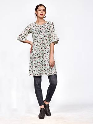 Light-green printed polyester short-kurtis 1