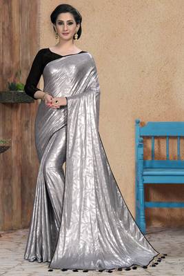 Silver plain silk saree with blouse 1