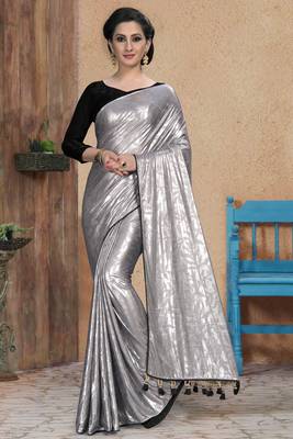 Silver plain silk saree with blouse 2